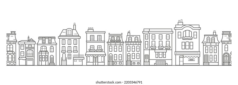 European buildings skyline. Linear cityscape with various row houses. Outline seamless border with old Dutch buildings.