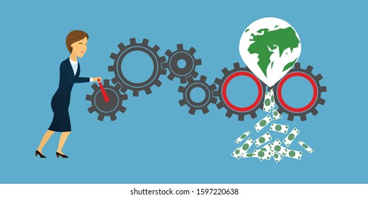 European business lady in a suit holds the lever and rotates the gear system. Destruction of natural land. Environment day. The use of the natural resources of planet Earth for enrichment. Eco banner.