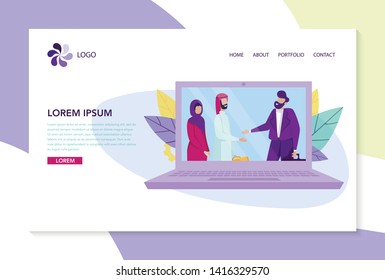 European Business Man Shaking Hands with Arabic Oil Tycoon, Magnate with Wife in Hijab on Laptop Screen, Arab Partner, International Partnership. Cartoon Flat Vector Illustration, Horizontal Banner