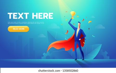 European businessman with cup on hand,winner or leader male character,isolated on blue background,flat vector illustration.