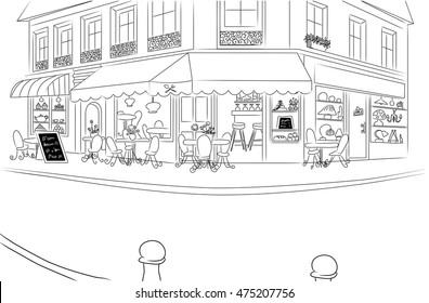 European Cafe corner. Hand drawn ink style illustration.