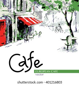 European Cafe, Graphic Drawing In Color. Postcard. French Outdoor European Cafe Painting

