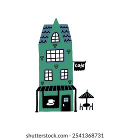 European Cafe Shop. Europe Store Architecture. Flat Naive Style Cute Building Isolated for Retail Business. Vector Scandinavian Coffee House 