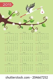 European calendar 2015.Cute cartoon baby composition.Flowering branches of a tree and flying stork with newborn baby.Cartoon illustration,template. Vector