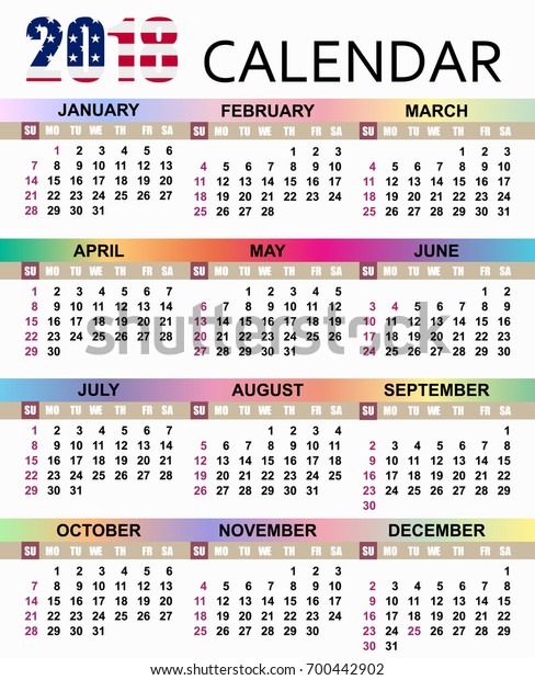 European Calendar 2018 Template Week Starts Stock Vector (Royalty Free ...