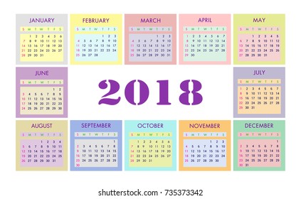 European calendar 2018 year in vector. Simple calendar template for 2018 year. Week starts from sunday
