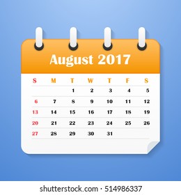 European Calendar for August 2017. Week starts on Monday. Vector illustration