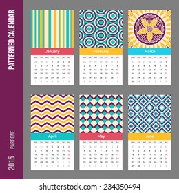 European calendar grid for 2015 year with abstract geometric patterns. Six pages. Part one - from January to June. Vector illustration.