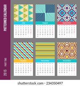 European calendar grid for 2015 year with abstract geometric patterns. Six pages. Part two - from July to December. Vector illustration.