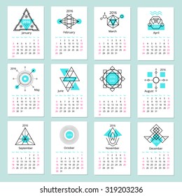 European calendar grid for 2016 year with abstract geometric patterns. Vector illustration.