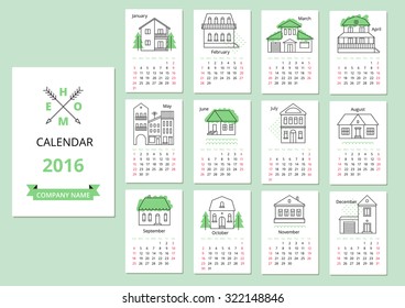 European calendar grid for 2016 year with abstract houses. Vector illustration.