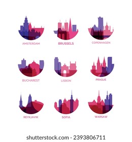 Logo y juego de iconos de las ciudades capitales europeas. Colección gráfica vectorial para Amsterdam, Bruselas, Copenhague, Bucarest, Lisboa, Praga, Reykjavik, Sofía, Varsovia