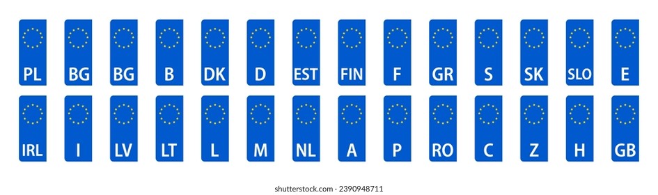 Planchas europeas de licencias de automóviles. Placas de licencia para automóviles de Europa. Iconos vectoriales de placa de número. Números de registro de Euro Car. 