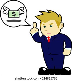 European cartoon businessman talking dollars.