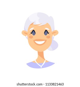 European Cartoon Old Lady. Elderly Woman Isolated avatar. Flat illustration Caucasian female face. Hand drawn vector drawing pensioner