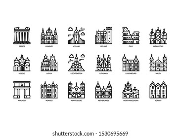 European cities landmarks icons set