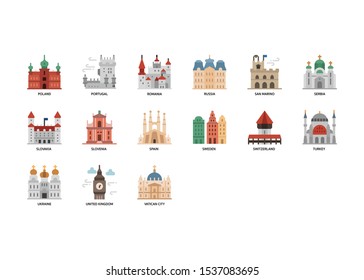 European cities landmarks icons set