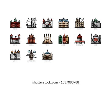 European cities landmarks icons set