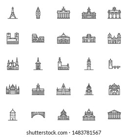 European cities landmarks line icons set. linear style symbols collection, outline signs pack. vector graphics. Set includes icons as Eiffel tower, Big Ben Clock-tower, Brandenburg gate, Europe travel