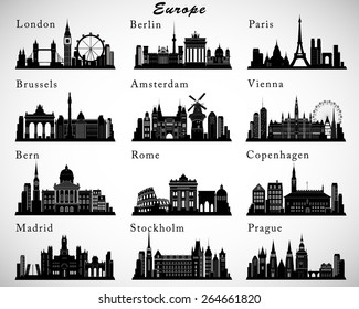 European Cities skylines set. Vector silhouettes
