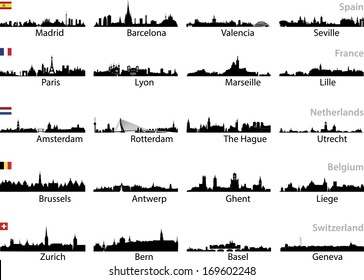 European cities skylines silhouettes vector set