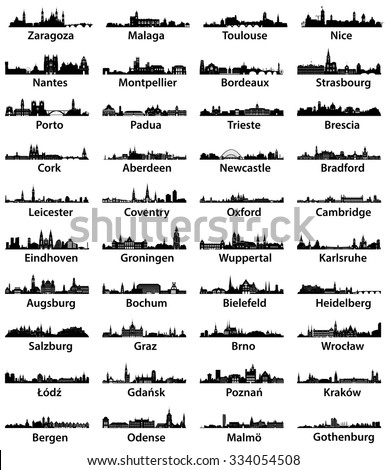 European cities skylines silhouettes. Vector collection