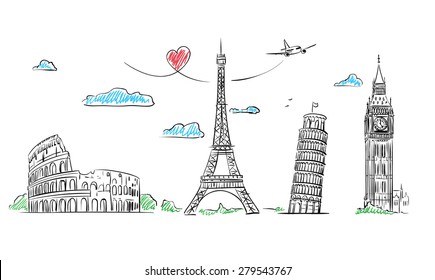 European cities symbols sketch. Hand drawn tourist collage. Vector Illustration