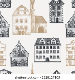 Fondo de arquitectura de la ciudad europea. Antiguas alberga un patrón sin fisuras. Edificios antiguos de Ilustración vectorial dibujada a mano. Diseño arquitectónico.  NO se ha generado IA