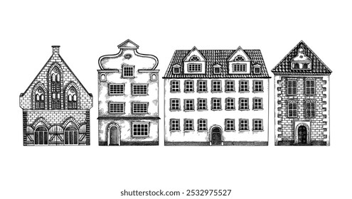 Esquema da arquitetura da cidade europeia. Desenhos antigos do edifício. Casas antigas definidas. Ilustração vetorial desenhada à mão. Design de cartão de arquitetura.  NÃO gerado AI