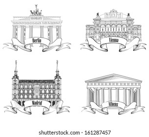  European city: Athens, Berlin, Madrid, Vienna. Landmarks Label Set. Travel Europe Symbol Collection: Germany, Spain, Austria, Greece.