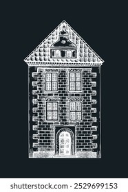 European city attractions. Architecture sketch. Old building drawing on chalkboard. Vintage house hand-drawn vector illustration. Architectural design element.  NOT AI generated