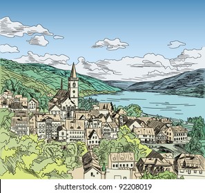 European city color vector illustration; color, contour and hatching in different layers