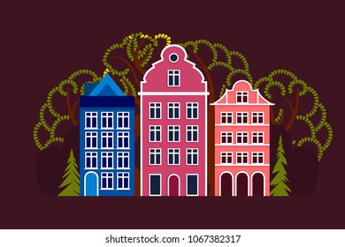 European city. Daytime, summer, autumn, spring. City street with three houses, trees deciduous and coniferous. Green environment in city. Vector illustration.