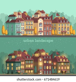 European city with historical buildings. Traditional architecture landscape. Night illumination, day city, night city. Flat vector illustration. 3d style.