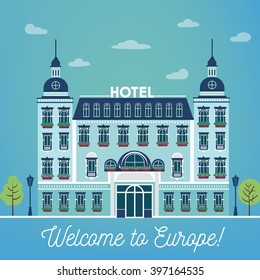 European City Hotel. Vintage Building Facade. Travel Industry. Vector illustration