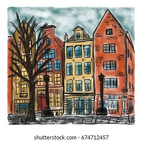 The european city house style, colored hand drawn painting