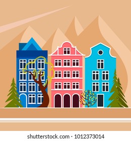 European city in the mountains. Daytime, summer, autumn, spring. City street with five houses, trees deciduous and coniferous. Urban environment. Vector illustration.