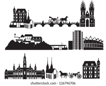 European city silhouettes, landscape with old and modern buildings, Prague bridge, Vienna city hall, conference hall, sky-scrapper, tram, coach, horse, castle, church etc