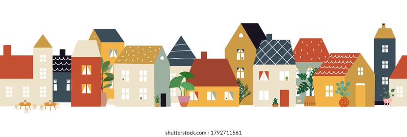 European City Street Pattern. Restaurant Cafe District, House Facade Banner. Flat Neighborhood, Cute Tiny Buildings And Plants, Home Or Shop Front View Illustration