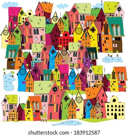 European city street vector illustration. Colorful houses and streets.