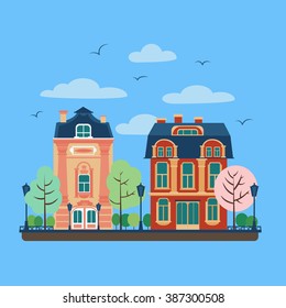 European City Urban Landscape with Vintage Houses and Trees. Vector illustration in flat style