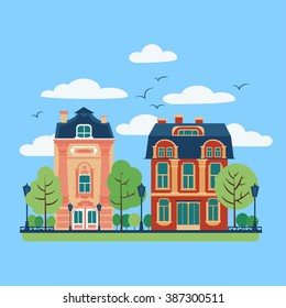 European City Urban Landscape with Vintage Houses and Trees. Vector illustration in flat style