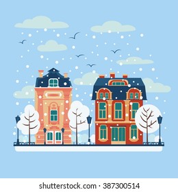 European City Urban Landscape with Vintage Houses and Trees in Winter. Vector illustration in flat style