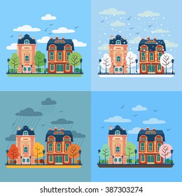 European City Urban Landscape with Vintage Houses and Trees in Four Seasons. Vector illustration in flat style