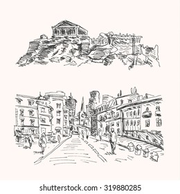European city view landscape and Parthenon in Greece Athens, in sketch hand drawn style, travel landmark and ancient art design