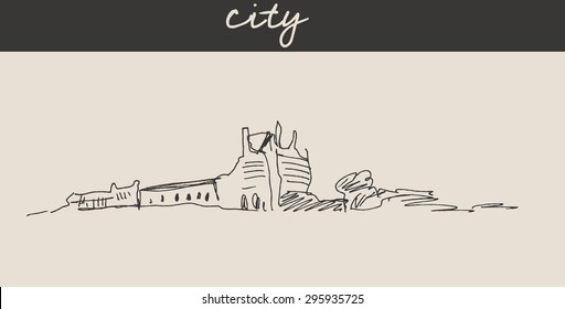 European city view landscape with street, tower and pedestrian people, for travel and tourism business design