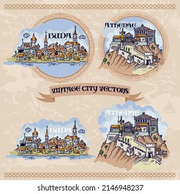 European city vintage illustration 2 Budapest Athens