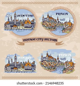 European city vintage illustration 4 Prague Venice