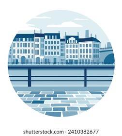 European cityscape with buildings facing a river, bridge in the background. Monochromatic blue color scheme vector illustration. Urban architecture and riverfront scenic view.