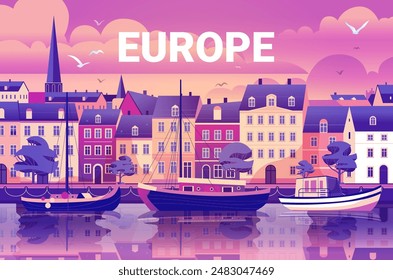 European cityscape with colorful buildings boats on water trees and birds in the sky at sunset